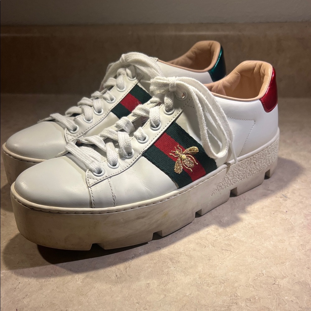 Gucci White Platform Sneakers with Red and Green Stripes